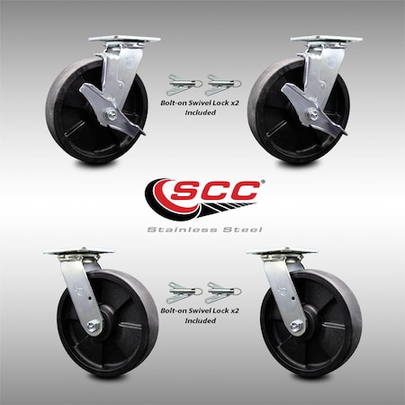 Service Caster 8 Inch SS Glass Filled Nylon Caster Set with Roll Bearings 4 Swivel Lock 2 Brake SCC-SS30S820-GFNR-TLB-BSL-2-BSL-2